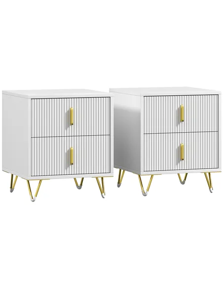 Set of 2 Elegant Chest of Two Drawers - White/Gold-Tone