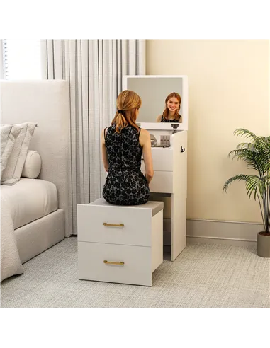 HOMCOM 3 in 1 Dressing Table with Flip-top Mirror and Rolling Stool, Modern Vanity Desk with Visible Glass Tabletop, Drawers and