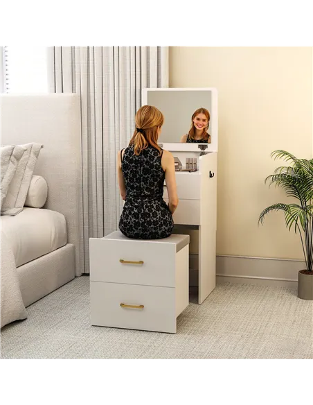 HOMCOM 3 in 1 Dressing Table with Flip-top Mirror and Rolling Stool, Modern Vanity Desk with Visible Glass Tabletop, Drawers and