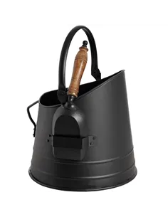 Hill Interiors Black Coal Bucket with Teak Handle Shovel 11212
