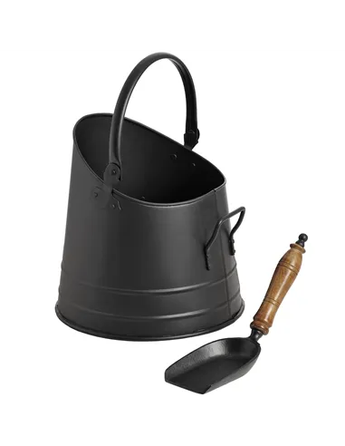 Hill Interiors Black Coal Bucket with Teak Handle Shovel 11212