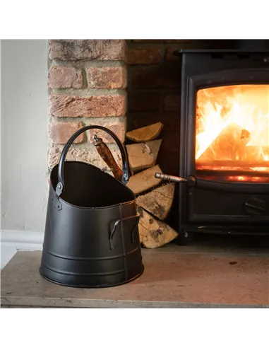 Hill Interiors Black Coal Bucket with Teak Handle Shovel 11212