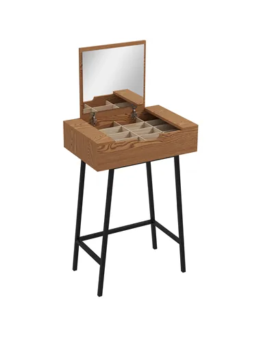 HOMCOM Vanity Desk with Flip-Up Mirror, Industrial Dressing Table with 16 Small Compartments for Bedroom, Natural Wood Effect