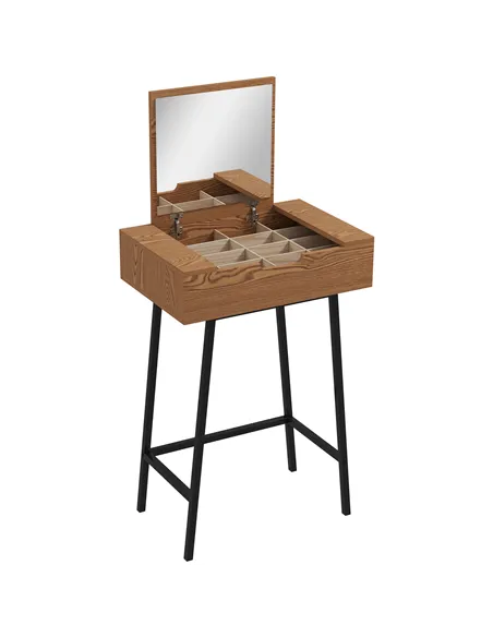 HOMCOM Vanity Desk with Flip-Up Mirror, Industrial Dressing Table with 16 Small Compartments for Bedroom, Natural Wood Effect