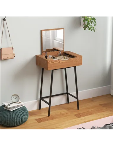 HOMCOM Vanity Desk with Flip-Up Mirror, Industrial Dressing Table with 16 Small Compartments for Bedroom, Natural Wood Effect