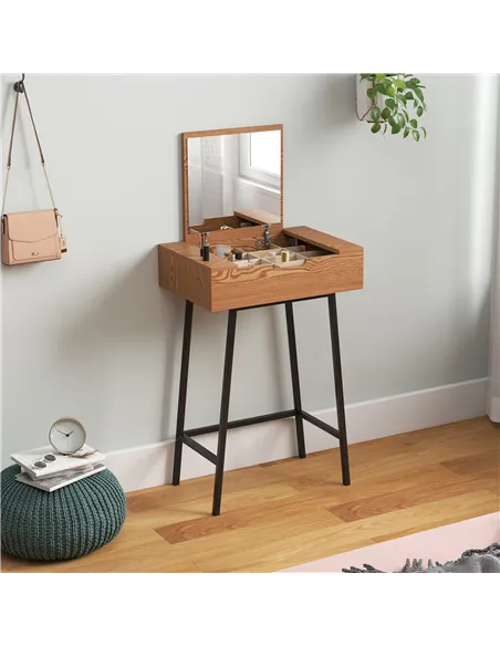HOMCOM Vanity Desk with Flip-Up Mirror, Industrial Dressing Table with 16 Small Compartments for Bedroom, Natural Wood Effect