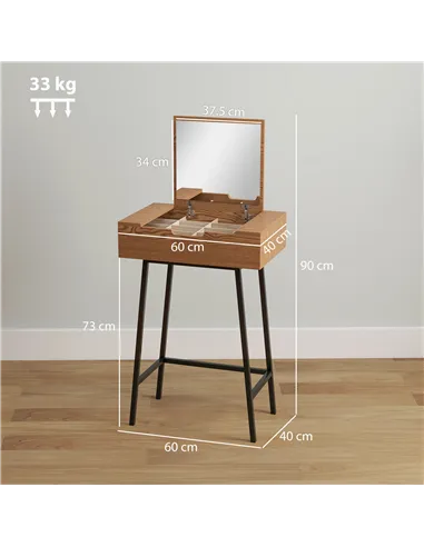 HOMCOM Vanity Desk with Flip-Up Mirror, Industrial Dressing Table with 16 Small Compartments for Bedroom, Natural Wood Effect