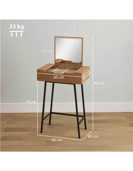 HOMCOM Vanity Desk with Flip-Up Mirror, Industrial Dressing Table with 16 Small Compartments for Bedroom, Natural Wood Effect