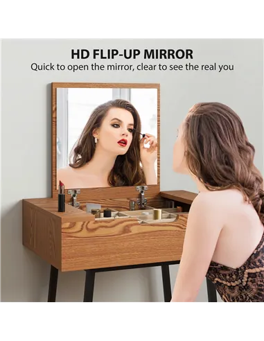 HOMCOM Vanity Desk with Flip-Up Mirror, Industrial Dressing Table with 16 Small Compartments for Bedroom, Natural Wood Effect