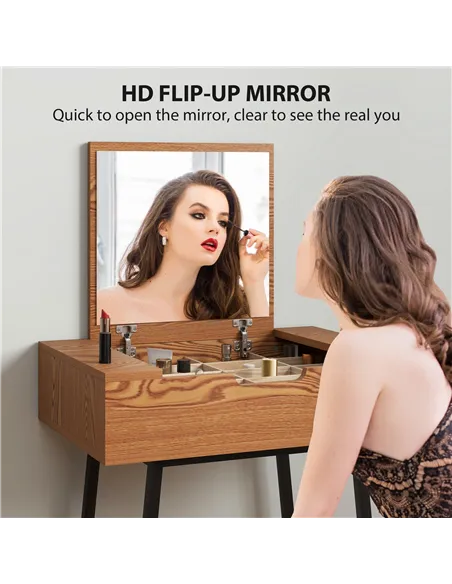 HOMCOM Vanity Desk with Flip-Up Mirror, Industrial Dressing Table with 16 Small Compartments for Bedroom, Natural Wood Effect