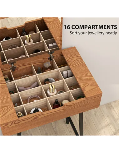 HOMCOM Vanity Desk with Flip-Up Mirror, Industrial Dressing Table with 16 Small Compartments for Bedroom, Natural Wood Effect