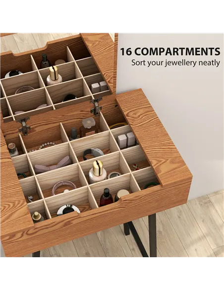 HOMCOM Vanity Desk with Flip-Up Mirror, Industrial Dressing Table with 16 Small Compartments for Bedroom, Natural Wood Effect