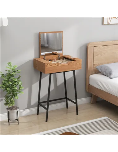 HOMCOM Vanity Desk with Flip-Up Mirror, Industrial Dressing Table with 16 Small Compartments for Bedroom, Natural Wood Effect