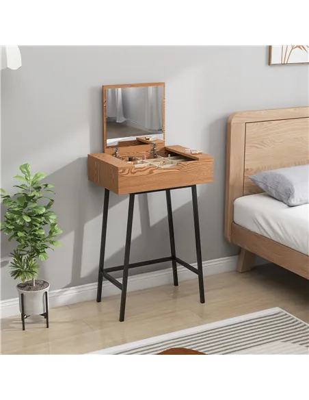 HOMCOM Vanity Desk with Flip-Up Mirror, Industrial Dressing Table with 16 Small Compartments for Bedroom, Natural Wood Effect