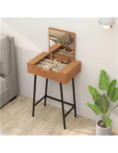 HOMCOM Vanity Desk with Flip-Up Mirror, Industrial Dressing Table with 16 Small Compartments for Bedroom, Natural Wood Effect