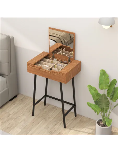 HOMCOM Vanity Desk with Flip-Up Mirror, Industrial Dressing Table with 16 Small Compartments for Bedroom, Natural Wood Effect