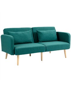 HOMCOM 2/3 Seater Sofa Bed, Convertible Bed Settee, Fabric Sofa Couch with 2 Cushions for Living Room, Guest Room, Green
