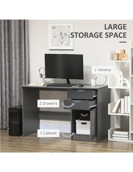 HOMCOM Computer Desk with Drawers, High Gloss Home Office Desk with Storage Cabinet, Study Workstation, 120 x 60cm, Grey