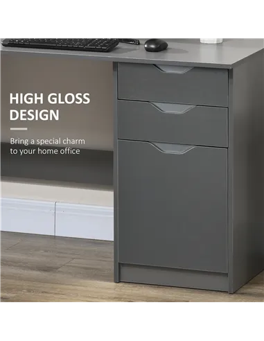HOMCOM Computer Desk with Drawers, High Gloss Home Office Desk with Storage Cabinet, Study Workstation, 120 x 60cm, Grey