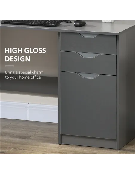 HOMCOM Computer Desk with Drawers, High Gloss Home Office Desk with Storage Cabinet, Study Workstation, 120 x 60cm, Grey
