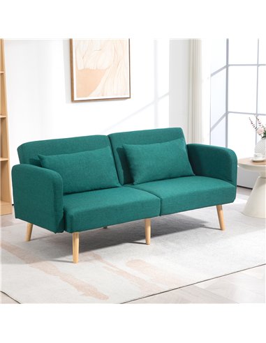 HOMCOM 2/3 Seater Sofa Bed, Convertible Bed Settee, Fabric Sofa Couch with 2 Cushions for Living Room, Guest Room, Green