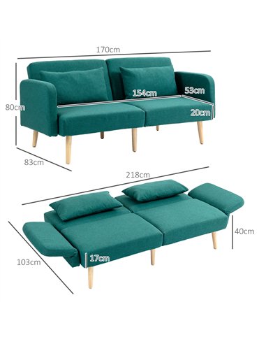 HOMCOM 2/3 Seater Sofa Bed, Convertible Bed Settee, Fabric Sofa Couch with 2 Cushions for Living Room, Guest Room, Green