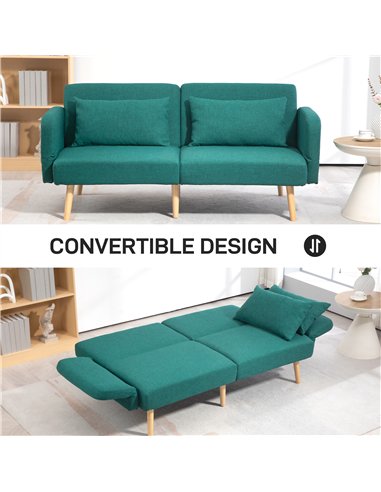 HOMCOM 2/3 Seater Sofa Bed, Convertible Bed Settee, Fabric Sofa Couch with 2 Cushions for Living Room, Guest Room, Green