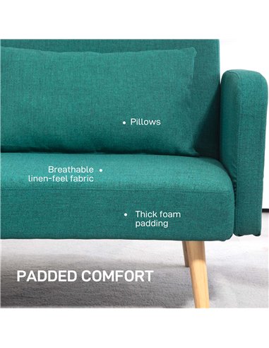 HOMCOM 2/3 Seater Sofa Bed, Convertible Bed Settee, Fabric Sofa Couch with 2 Cushions for Living Room, Guest Room, Green