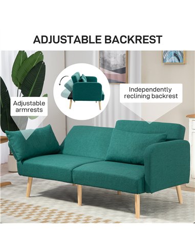HOMCOM 2/3 Seater Sofa Bed, Convertible Bed Settee, Fabric Sofa Couch with 2 Cushions for Living Room, Guest Room, Green
