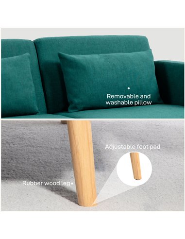 HOMCOM 2/3 Seater Sofa Bed, Convertible Bed Settee, Fabric Sofa Couch with 2 Cushions for Living Room, Guest Room, Green