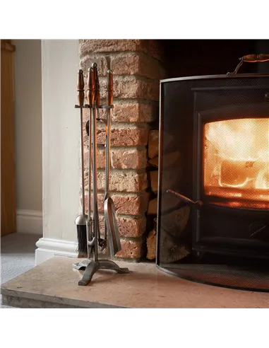 Hill Interiors Hand Turned Fire Companion Set In Antique Pewter With Wooden Handles 19103