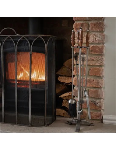 Hill Interiors Hand Turned Fire Companion Set In Antique Pewter With Wooden Handles 19103