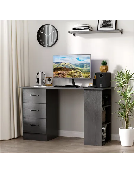 HOMCOM Computer Desk, Writing Table, PC Workstation with 3 Storage Shelves and Drawers, Black Handle, for Home Office, Black