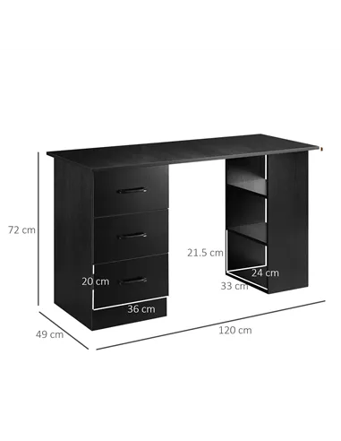 HOMCOM Computer Desk, Writing Table, PC Workstation with 3 Storage Shelves and Drawers, Black Handle, for Home Office, Black