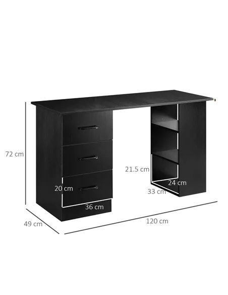 HOMCOM Computer Desk, Writing Table, PC Workstation with 3 Storage Shelves and Drawers, Black Handle, for Home Office, Black