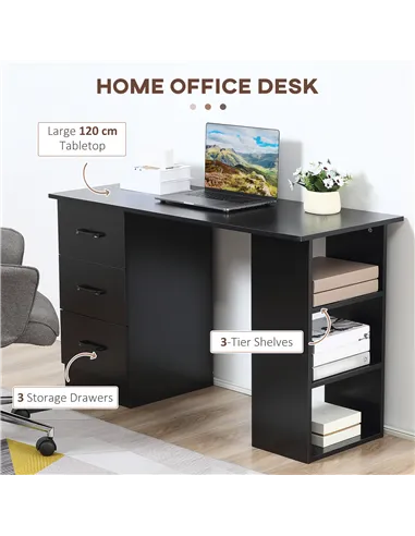 HOMCOM Computer Desk, Writing Table, PC Workstation with 3 Storage Shelves and Drawers, Black Handle, for Home Office, Black