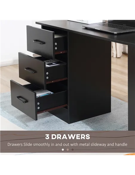 HOMCOM Computer Desk, Writing Table, PC Workstation with 3 Storage Shelves and Drawers, Black Handle, for Home Office, Black