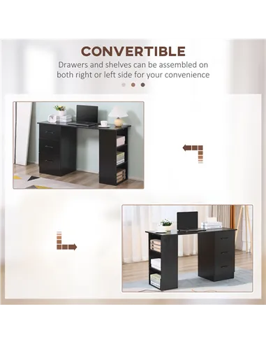 HOMCOM Computer Desk, Writing Table, PC Workstation with 3 Storage Shelves and Drawers, Black Handle, for Home Office, Black