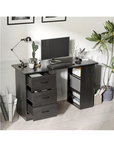 HOMCOM Computer Desk, Writing Table, PC Workstation with 3 Storage Shelves and Drawers, Black Handle, for Home Office, Black