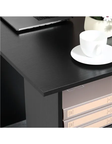 HOMCOM Computer Desk, Writing Table, PC Workstation with 3 Storage Shelves and Drawers, Black Handle, for Home Office, Black