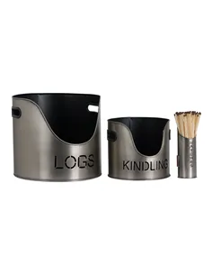 Hill Interiors Pewter Finish Logs And Kindling Buckets & Matchstick Holder 19142