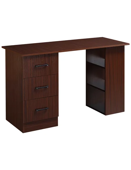 HOMCOM Computer Desk, Writing Table, PC Workstation with 3 Storage Shelves and Drawers, Black Handle, for Home Office, Walnut Br