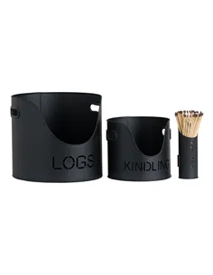 Hill Interiors Black Finish Logs And Kindling Buckets & Matchstick Holder 19143