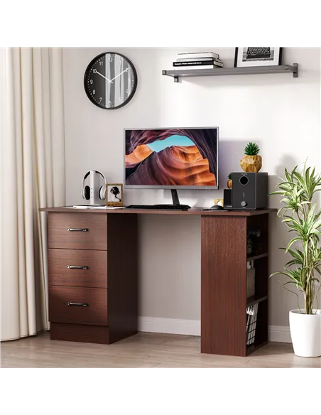 HOMCOM Computer Desk, Writing Table, PC Workstation with 3 Storage Shelves and Drawers, Black Handle, for Home Office, Walnut Br