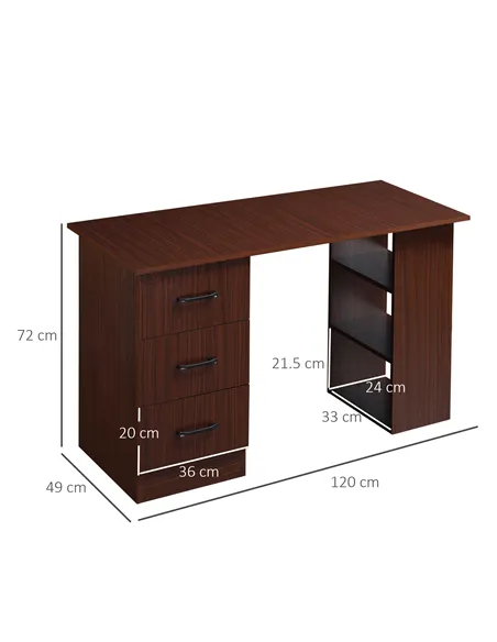HOMCOM Computer Desk, Writing Table, PC Workstation with 3 Storage Shelves and Drawers, Black Handle, for Home Office, Walnut Br