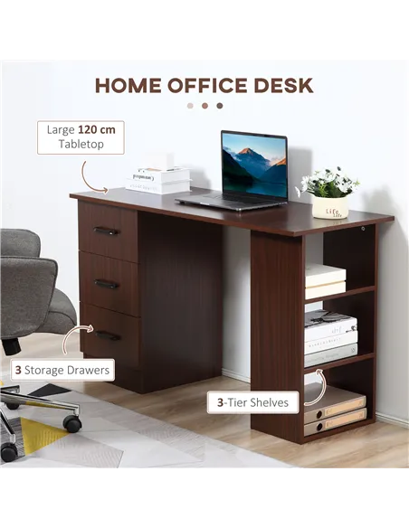 HOMCOM Computer Desk, Writing Table, PC Workstation with 3 Storage Shelves and Drawers, Black Handle, for Home Office, Walnut Br