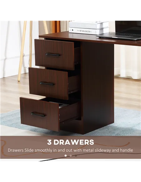 HOMCOM Computer Desk, Writing Table, PC Workstation with 3 Storage Shelves and Drawers, Black Handle, for Home Office, Walnut Br