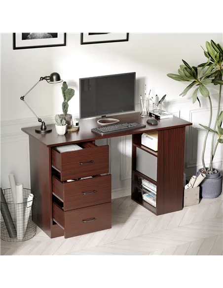 HOMCOM Computer Desk, Writing Table, PC Workstation with 3 Storage Shelves and Drawers, Black Handle, for Home Office, Walnut Br