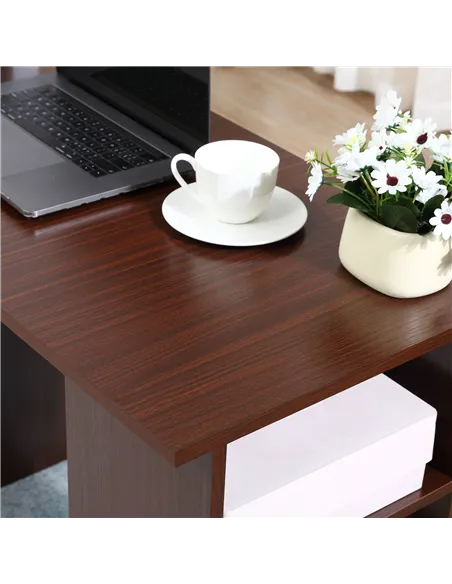 HOMCOM Computer Desk, Writing Table, PC Workstation with 3 Storage Shelves and Drawers, Black Handle, for Home Office, Walnut Br