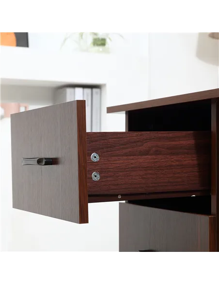 HOMCOM Computer Desk, Writing Table, PC Workstation with 3 Storage Shelves and Drawers, Black Handle, for Home Office, Walnut Br
